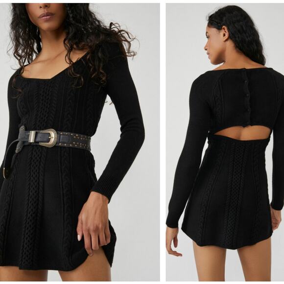 FREE PEOPLE Small World Cable Knit Sweater Dress Black Sz L {SS3} - Picture 1 of 6